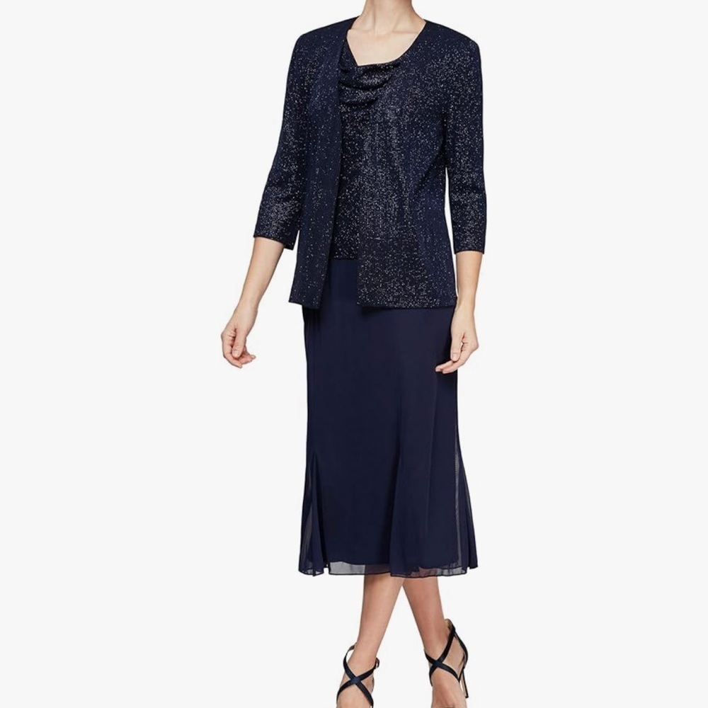 Alex Evenings Women's Plus Size Tea Length Cowl Neckline Jacket Dress, Sz 6